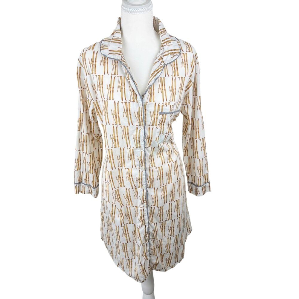 Rock Flower Paper Night Sleep Shirt Women Medium White Brown Graphic Long Sleeve